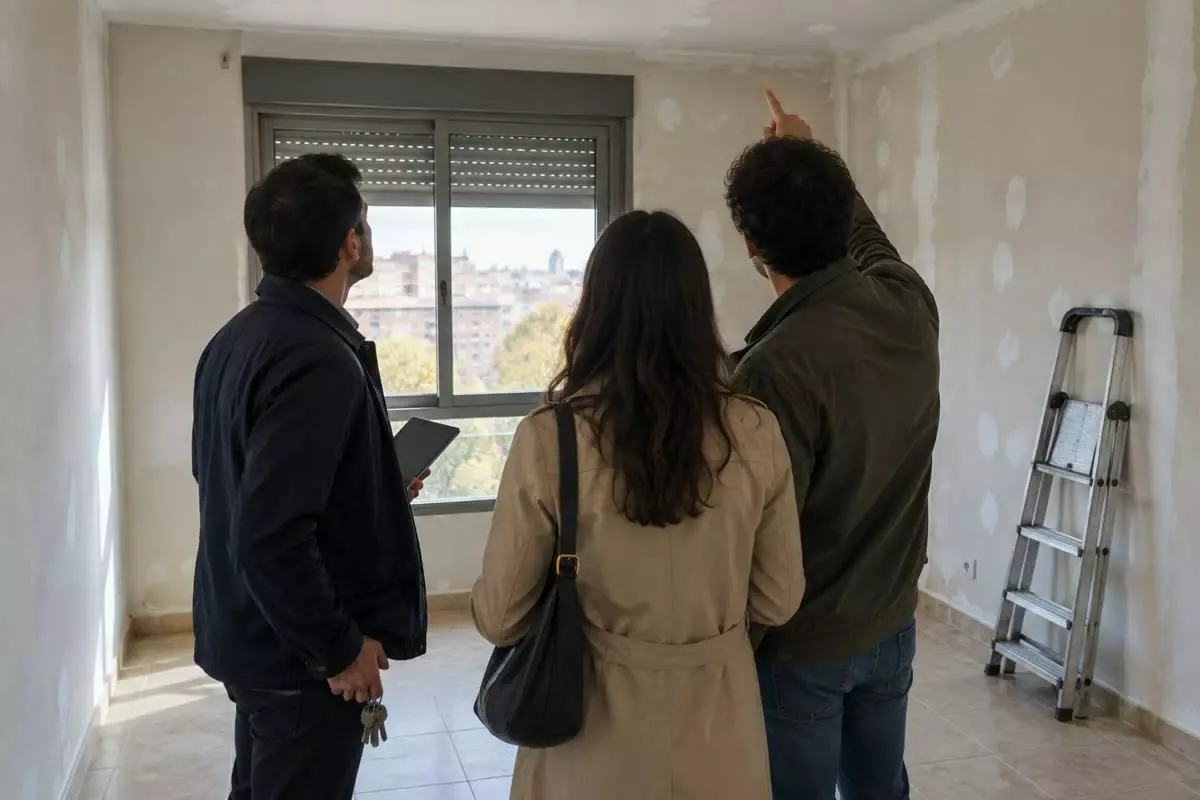 An estate agent showing an empty Madrid flat to a couple seen from behind, one of them pointing at the ceiling (illustration)