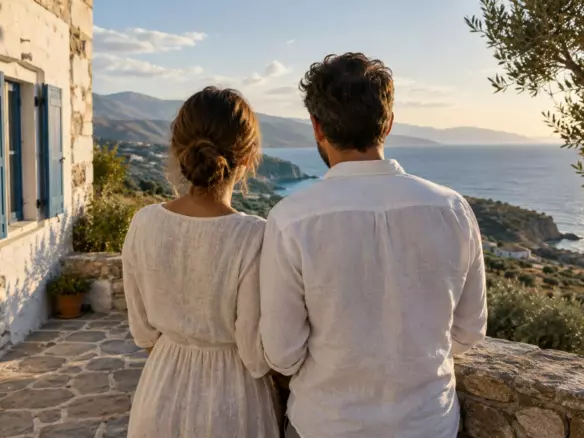 A couple seen from behind looking out to sea from the stone terrace of a whitewashed house in Crete, Greece, in early October (illustration)