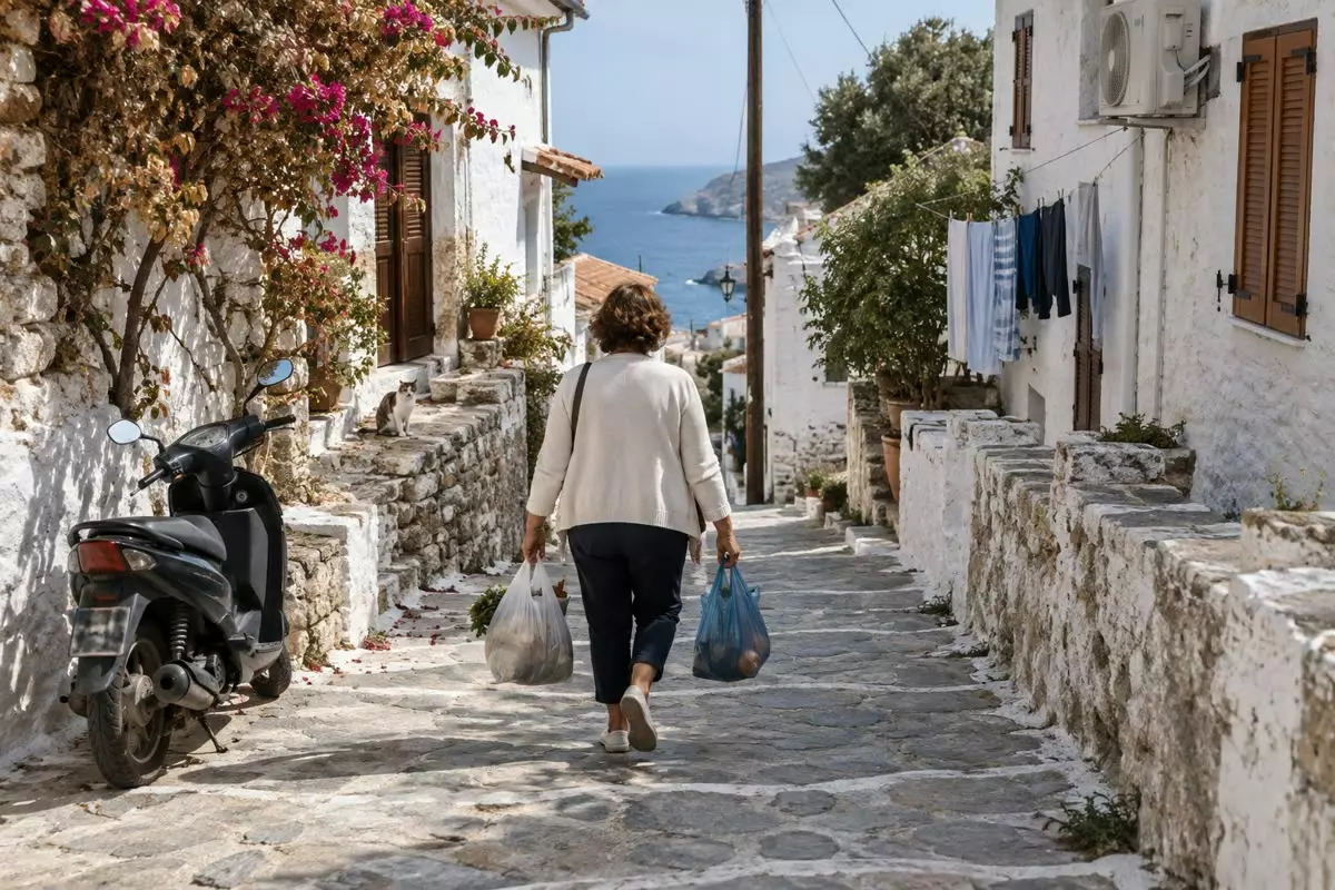 A woman carrying shopping walking down a stepped village lane in Crete, Greece, past whitewashed houses with closed shutters in early October (illustration)