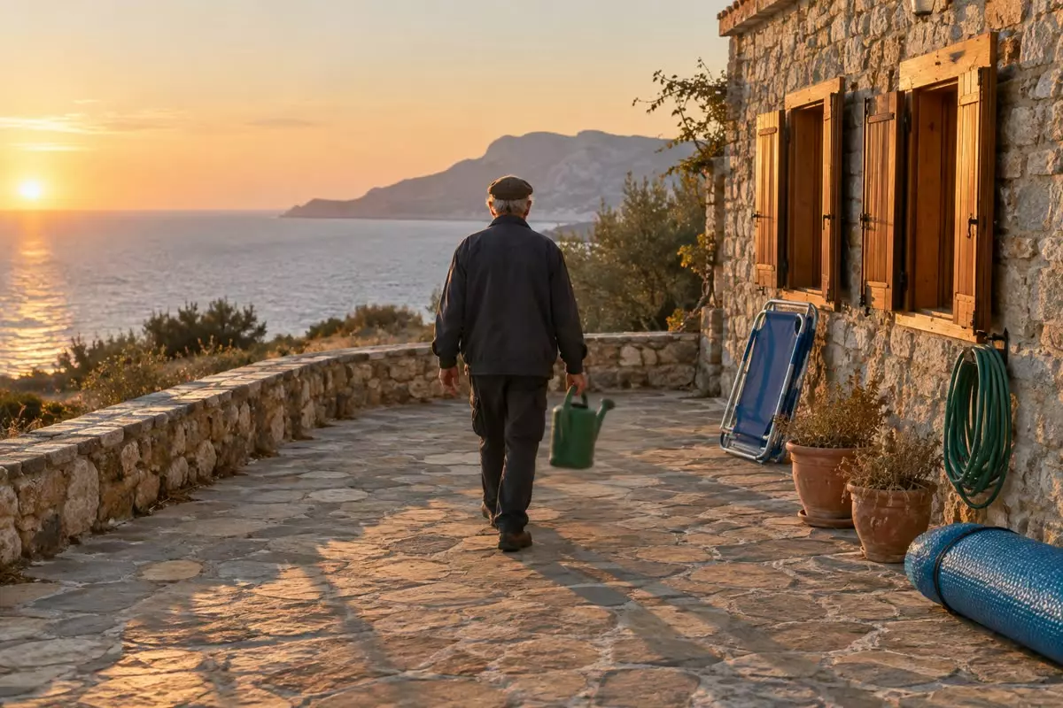 A caretaker with a watering can walking along the terrace of a closed stone holiday house at dusk in Crete, Greece, in October (illustration)