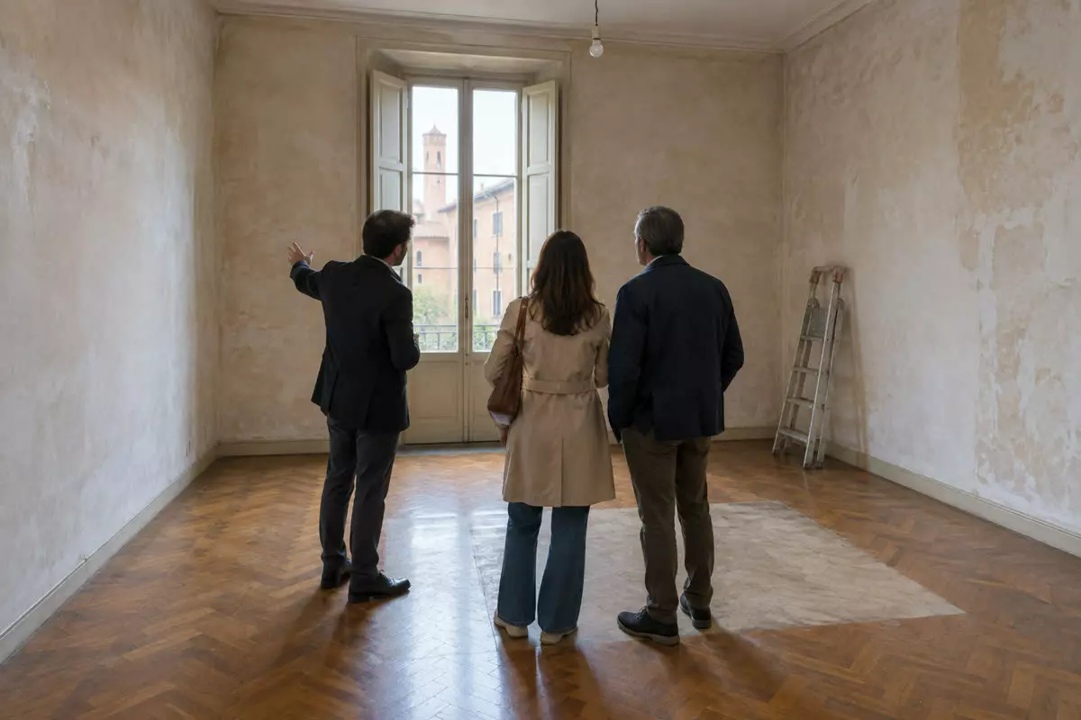 An estate agent showing an empty flat to a landlord couple, all seen from behind, in Bologna, Italy, in early autumn (illustration)