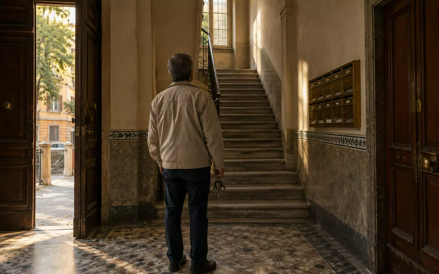 A landlord seen from behind in the entrance hall of an older apartment block in Rome, Italy, in early autumn (illustration)