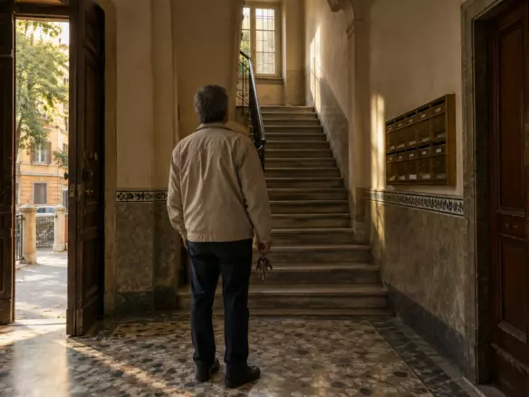 A landlord seen from behind in the entrance hall of an older apartment block in Rome, Italy, in early autumn (illustration)