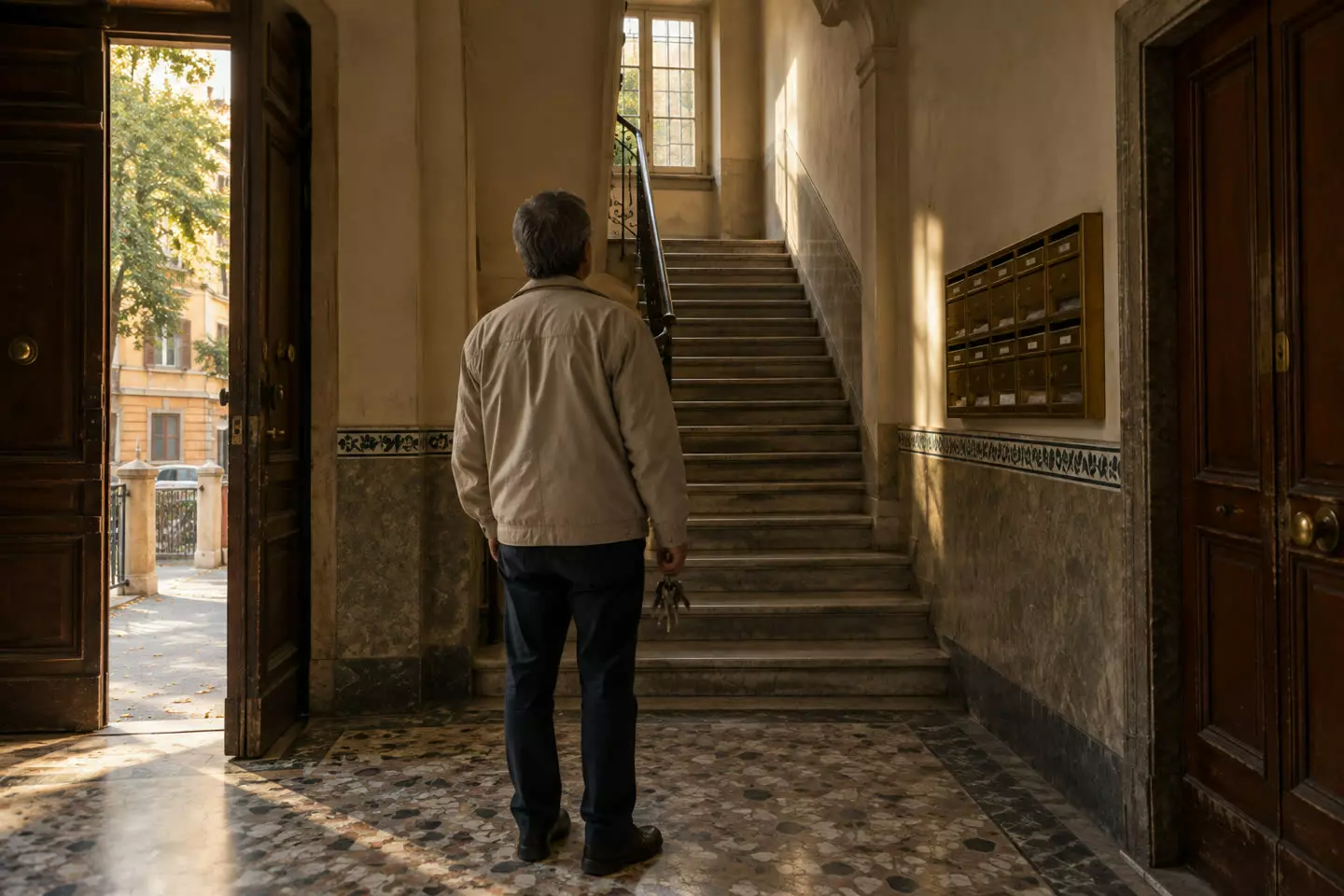 A landlord seen from behind in the entrance hall of an older apartment block in Rome, Italy, in early autumn (illustration)