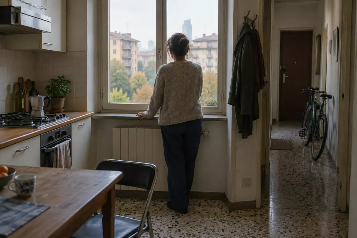 A woman in her forties seen from behind at the kitchen window of a shared flat on the outskirts of Milan, Italy, in early autumn (illustration)