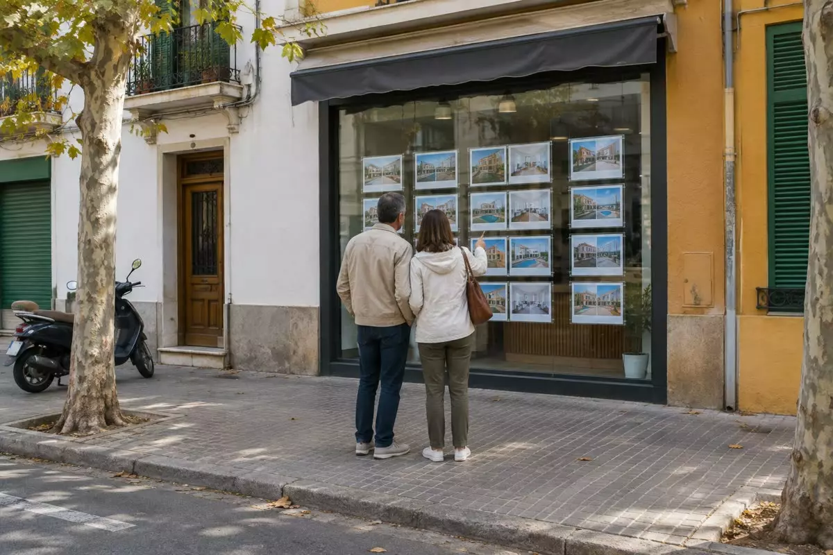 A couple looking at property listings in the window of an estate agency on a Spanish street in early autumn (illustration)