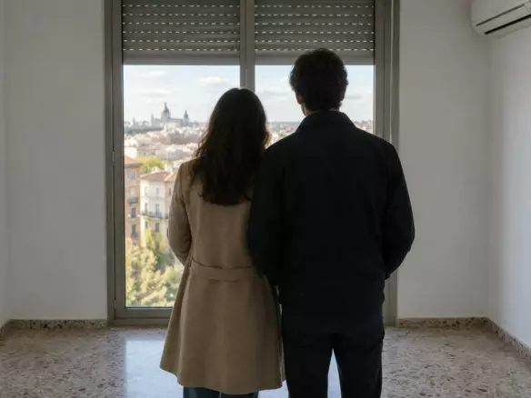 A couple looking out over the city from the window of an empty flat in Madrid, Spain, in early autumn (illustration)