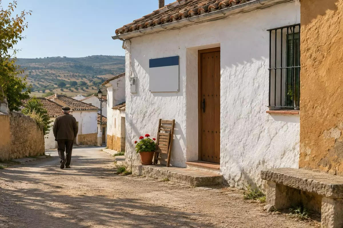 A for-sale board on a whitewashed village house in Extremadura, Spain, on a mild early autumn morning (illustration)