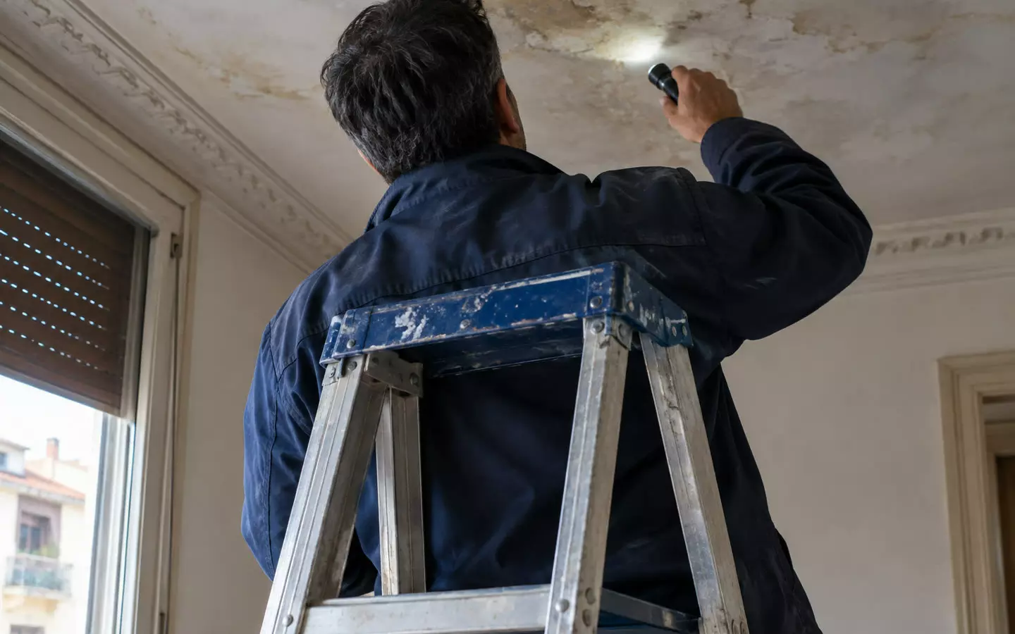 A building surveyor on a stepladder examining the ceiling of an older flat in Barcelona, Spain, seen from behind, in early autumn (illustration)
