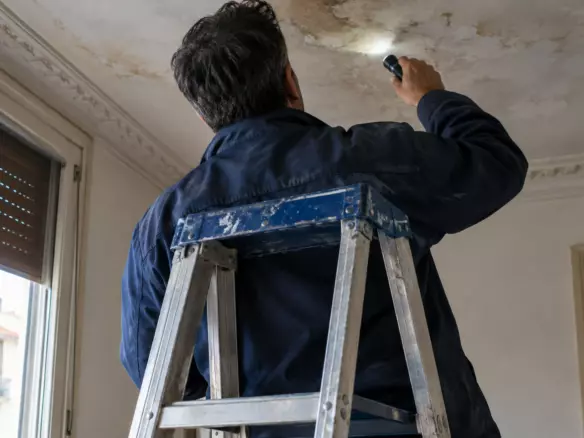 A building surveyor on a stepladder examining the ceiling of an older flat in Barcelona, Spain, seen from behind, in early autumn (illustration)