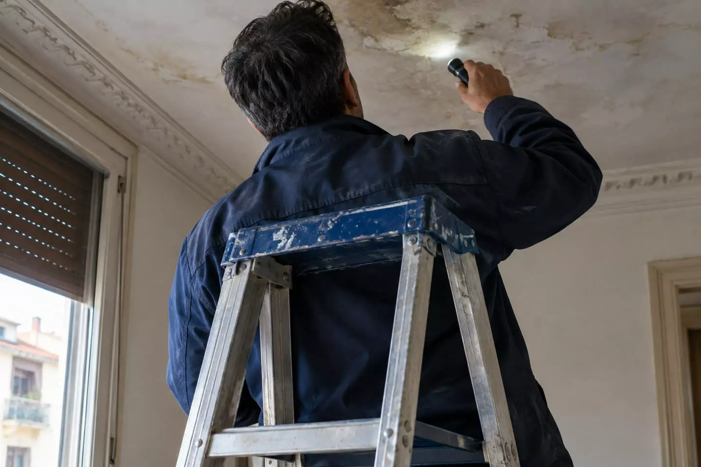 A building surveyor on a stepladder examining the ceiling of an older flat in Barcelona, Spain, seen from behind, in early autumn (illustration)