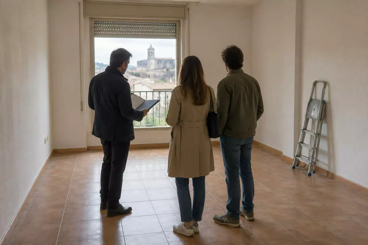 An estate agent showing a document folder to a couple at a viewing in an empty flat in Girona, Spain, all seen from behind, in early autumn (illustration)