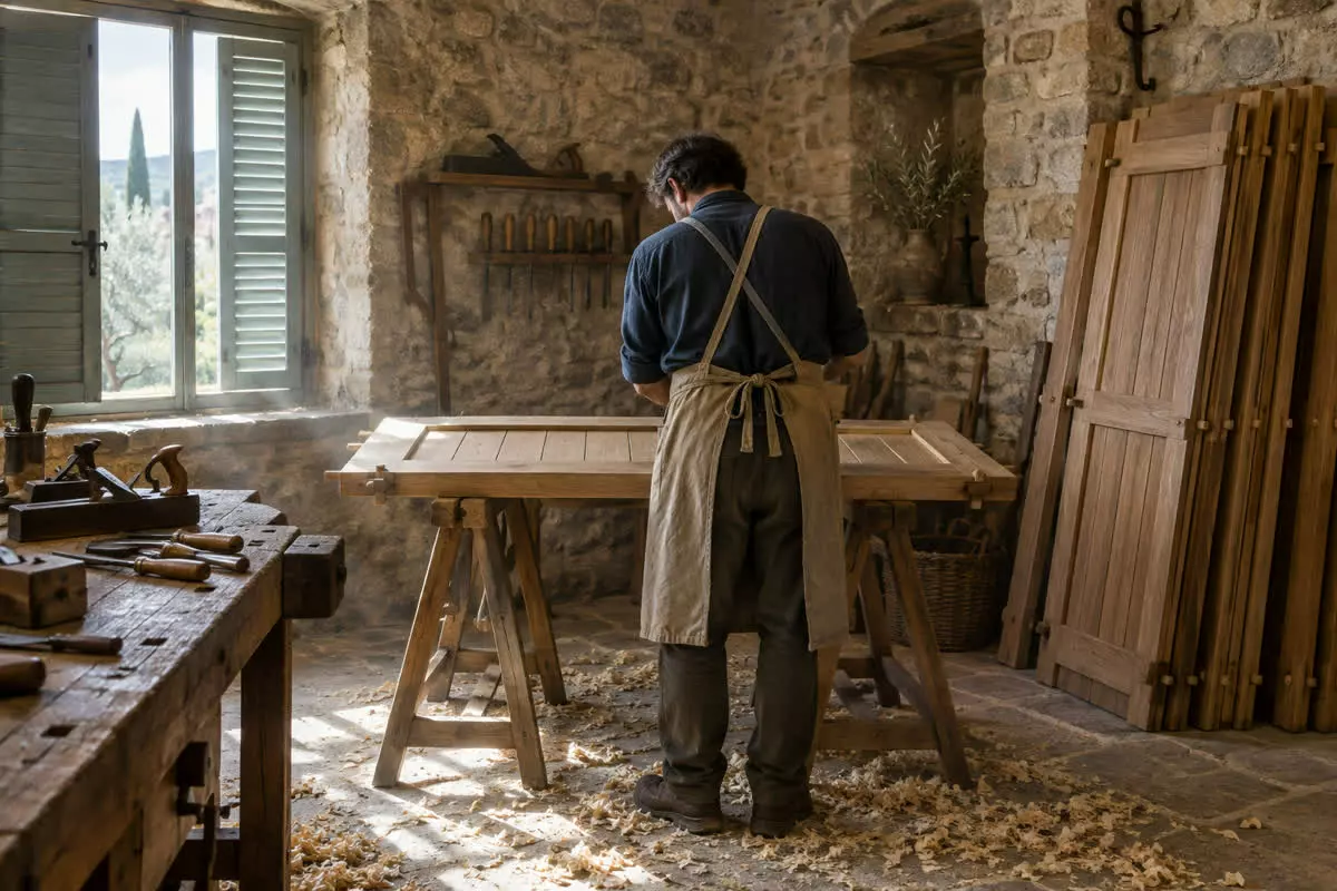 A joiner working an oak shutter frame by hand in a Provencal workshop (illustration)