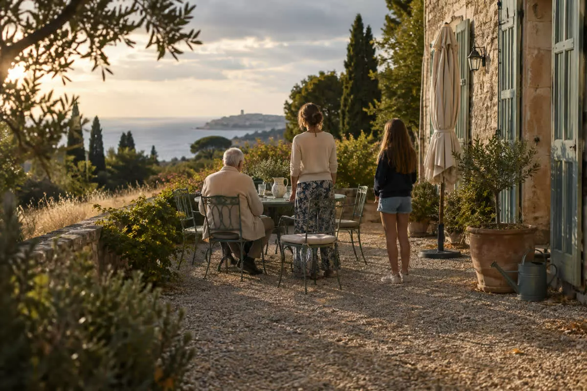 Three generations of a family talking on the shaded terrace of a Riviera villa (illustration)