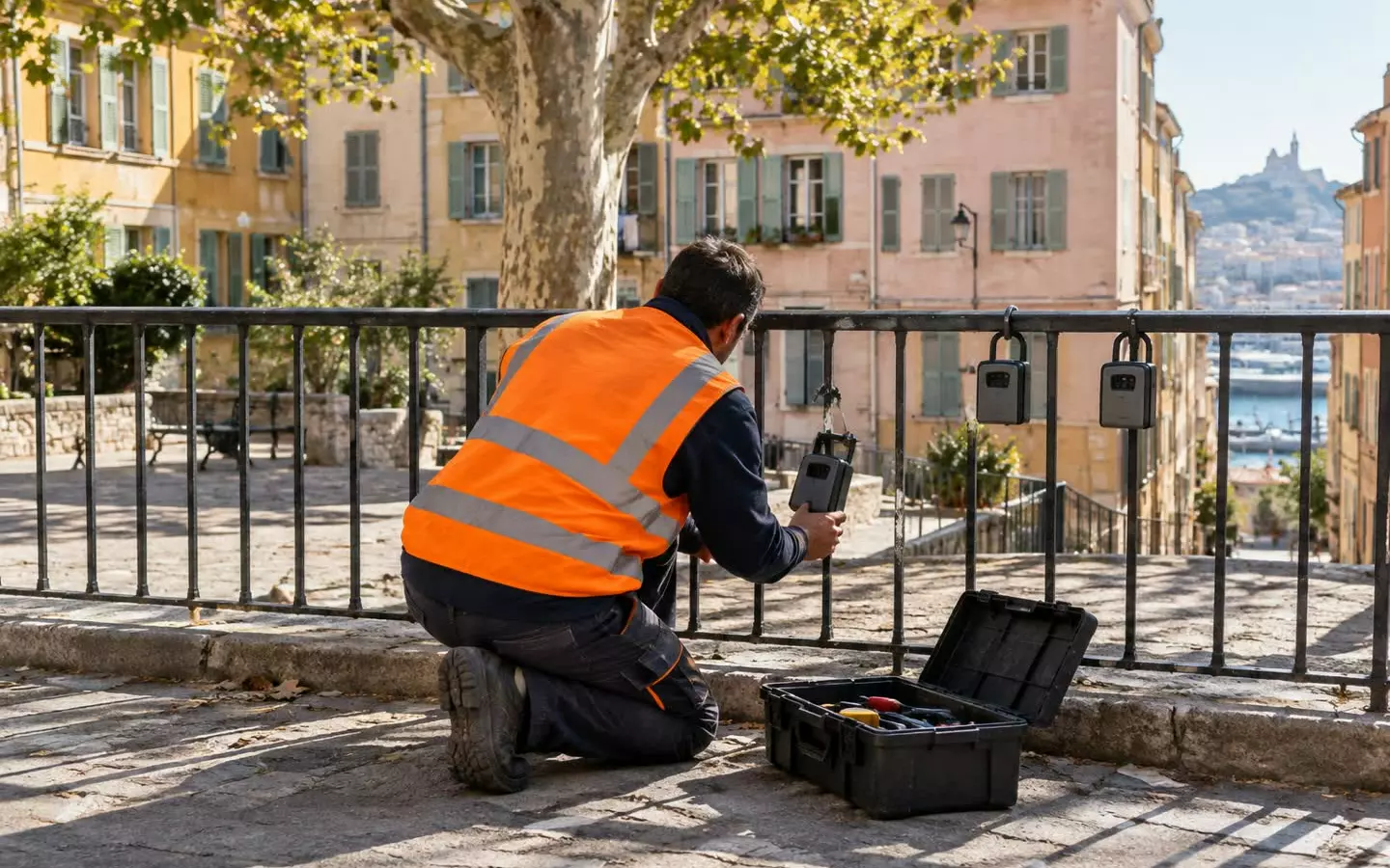 Ein städtischer Arbeiter in einer Warnweste hockt sich hin, um einen abgetrennten Schlüsseltresor neben einem Metallgeländer auf einem sonnenbeschienenen Platz in Marseille anzuheben, von hinten gesehen im Frühherbst (Illustration).