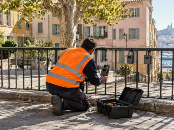 A municipal worker in a high-visibility vest crouching to lift a severed key lockbox beside a metal railing in a sunlit Marseille square, seen from behind in early autumn (illustration)