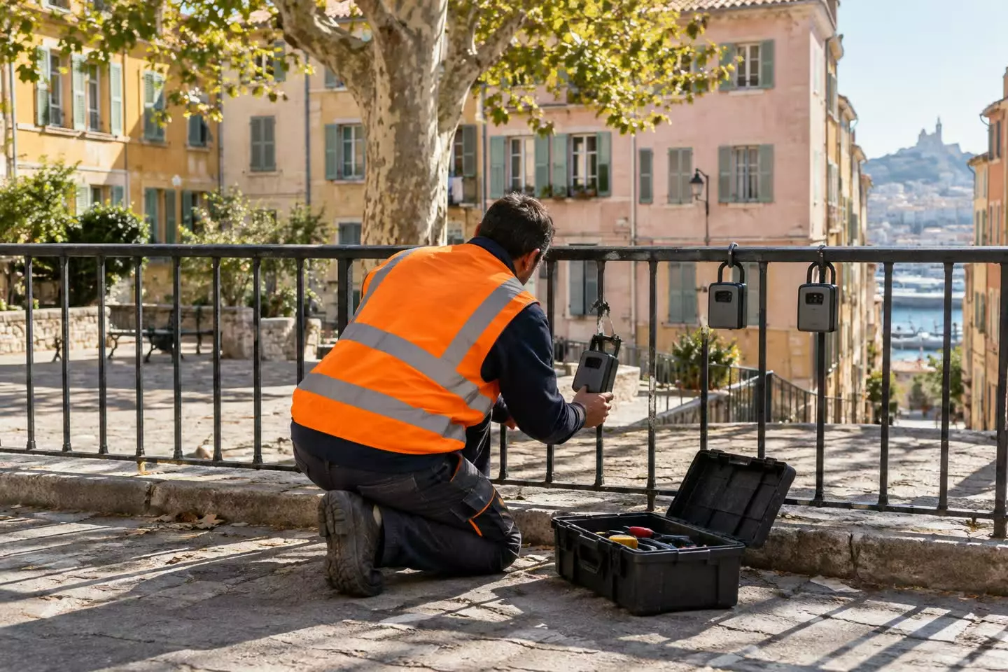 A municipal worker in a high-visibility vest crouching to lift a severed key lockbox beside a metal railing in a sunlit Marseille square, seen from behind in early autumn (illustration)