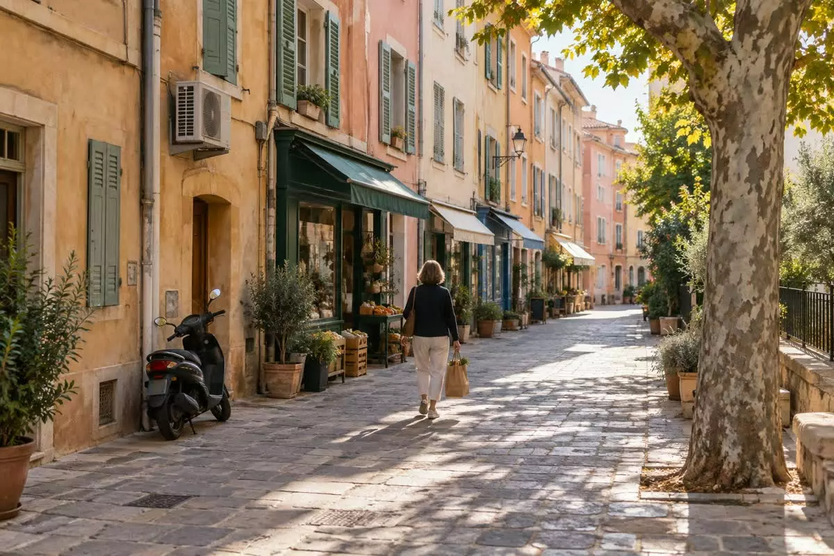A narrow sunlit street in Le Panier, Marseille, France, with pastel apartment facades and shutters, a woman with a shopping bag walking away from the camera in early autumn (illustration)