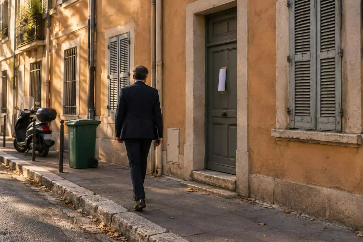 A lawyer in a dark suit walking away from a shuttered ground-floor flat with a rolled notice taped to the door, on a Marseille street in early autumn (illustration)