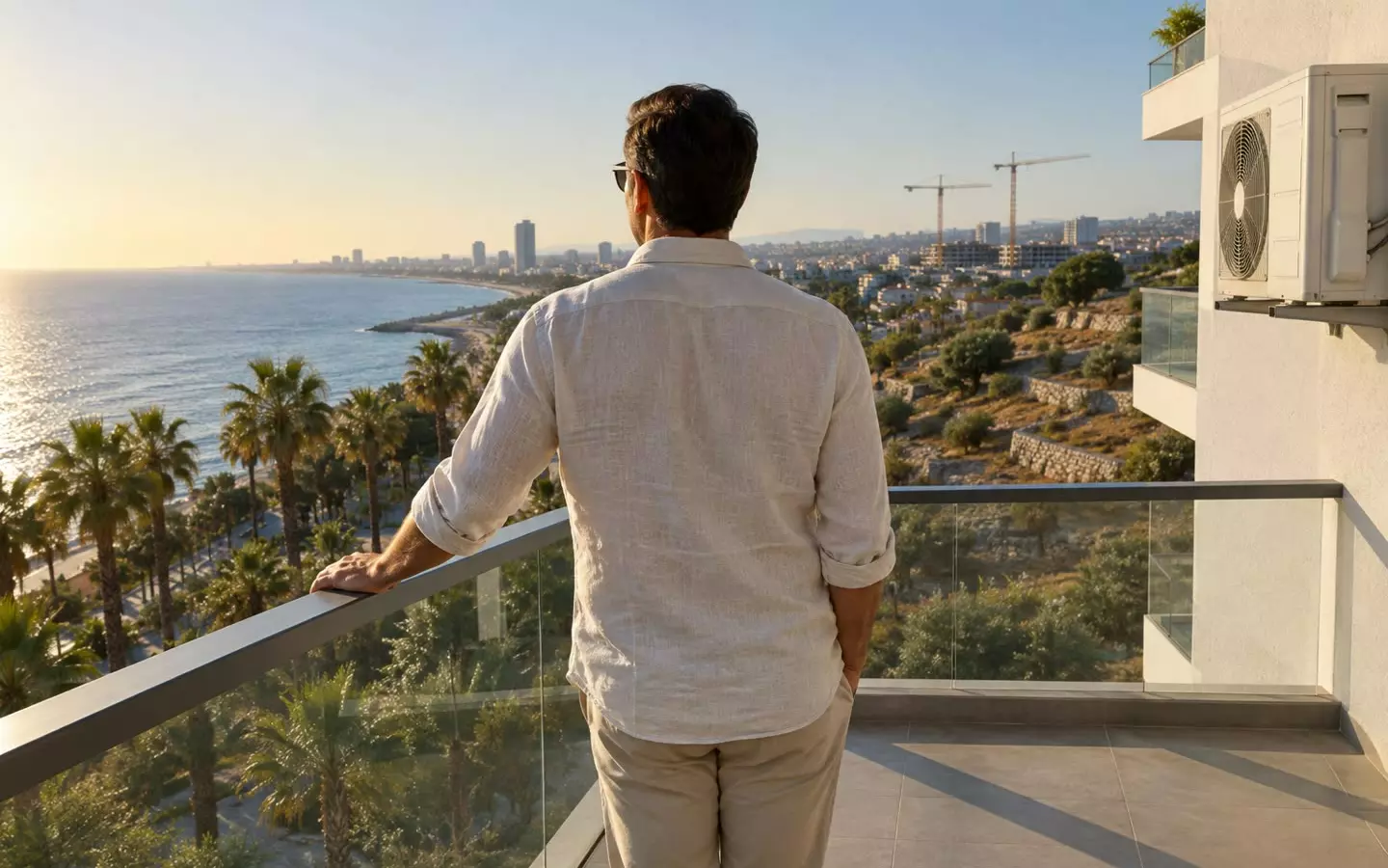 Ein Immobilienmakler in einem hellen Leinenhemd steht allein am Glasgeländer eines modernen Balkons in Limassol, von hinten gesehen, mit Blick auf die Küste, eine Split-Klimaanlage an der weißen Wand und Baukräne am Horizont im warmen Licht des späten Nachmittags (Illustration).