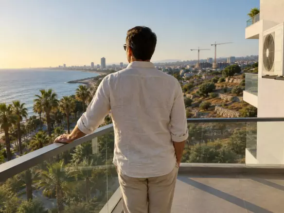 An estate agent in a light linen shirt standing alone at the glass railing of a modern Limassol balcony, seen from behind and looking along the coastline, a split air-conditioning unit on the white wall and construction cranes on the skyline in warm late-afternoon light (illustration)