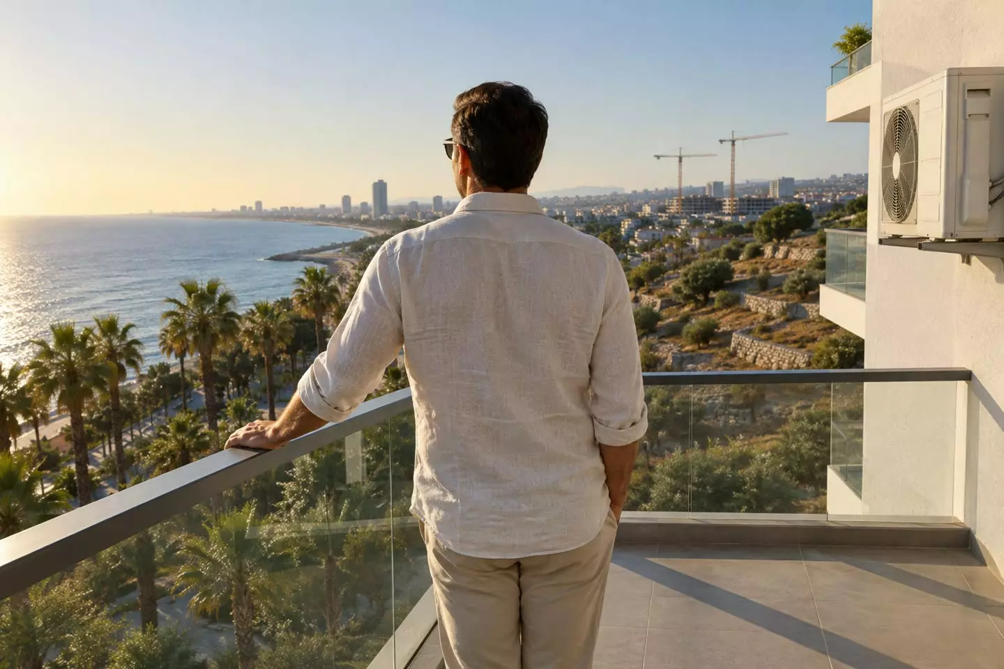 An estate agent in a light linen shirt standing alone at the glass railing of a modern Limassol balcony, seen from behind and looking along the coastline, a split air-conditioning unit on the white wall and construction cranes on the skyline in warm late-afternoon light (illustration)