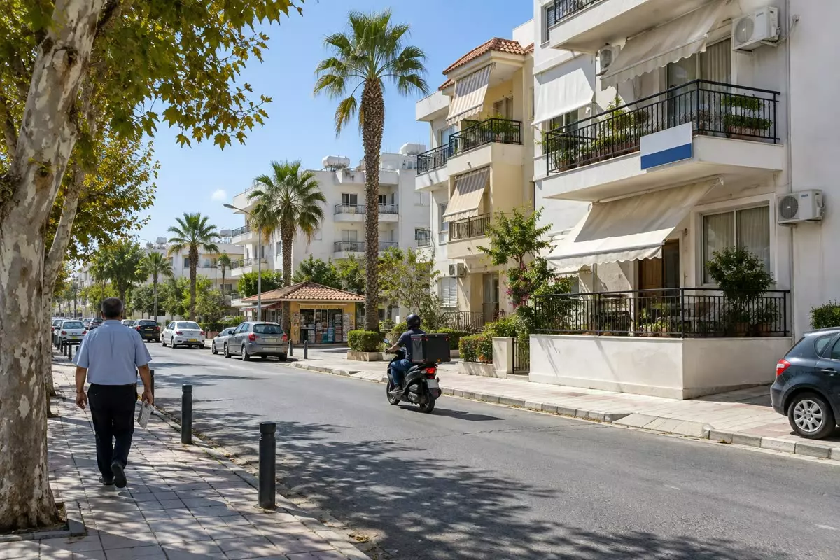 A residential street in Larnaca with low-rise apartment blocks, a for-sale board on a balcony railing and a delivery rider passing on a scooter at mid-distance in mild autumn light (illustration)