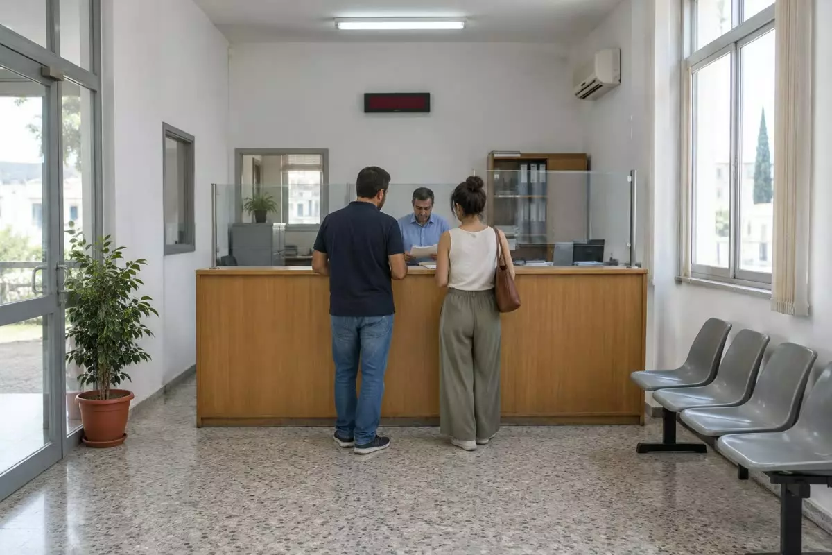 A couple waiting at a service counter in a municipal office in Cyprus, seen from behind at mid-distance, a clerk behind the counter and a paper file handed across, plain white walls in daylight (illustration)