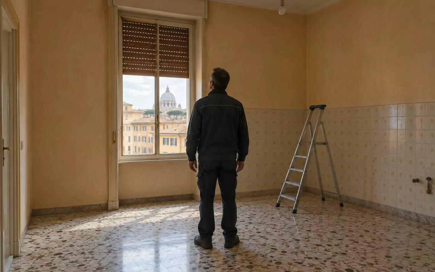 An energy assessor in a dark work jacket standing with his back to the camera at mid-distance in an empty Italian apartment, looking up at a tall window with a half-lowered wooden shutter, terrazzo floor and a tiled dado in early autumn (illustration)
