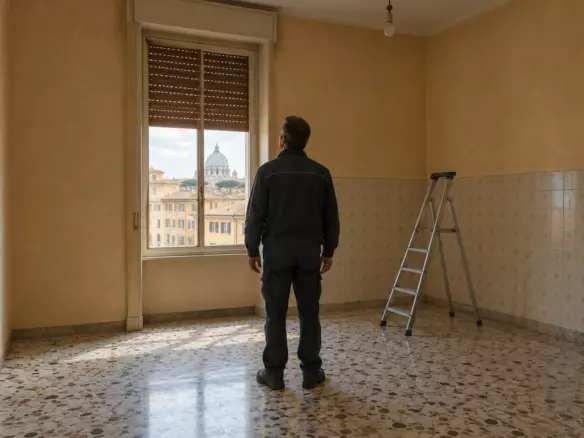 An energy assessor in a dark work jacket standing with his back to the camera at mid-distance in an empty Italian apartment, looking up at a tall window with a half-lowered wooden shutter, terrazzo floor and a tiled dado in early autumn (illustration)