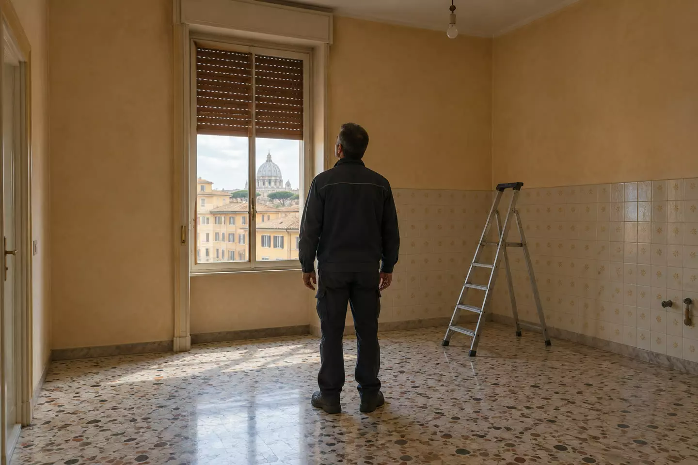An energy assessor in a dark work jacket standing with his back to the camera at mid-distance in an empty Italian apartment, looking up at a tall window with a half-lowered wooden shutter, terrazzo floor and a tiled dado in early autumn (illustration)