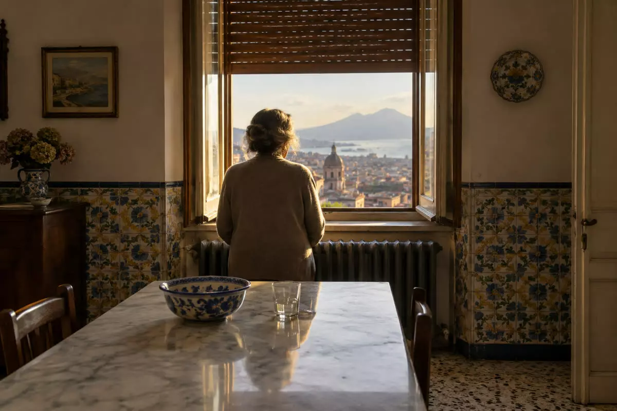 A woman in a cardigan standing behind a marble-topped table at a tall window with a half-raised wooden shutter, seen from behind at mid-distance in a modest Italian apartment with a terrazzo floor and an old radiator (illustration)