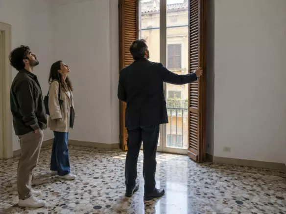 An estate agent in a dark jacket showing an empty Italian apartment to a young couple, all three seen from behind at mid-distance, tall windows with half-lowered wooden shutters and a terrazzo floor in soft autumn light (illustration)