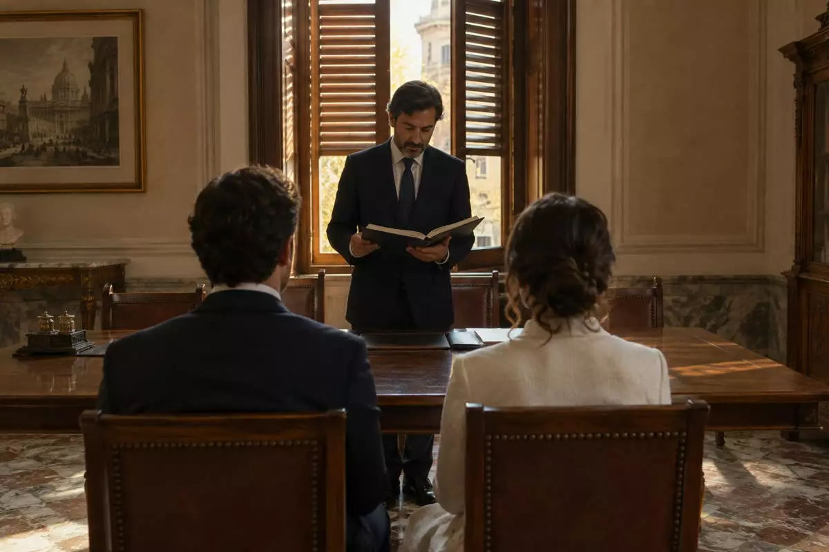 A notary in a dark suit standing at a table in an Italian notary's studio reading a deed while a couple sit with their backs to the camera, a tall shuttered window and a marble floor behind them (illustration)