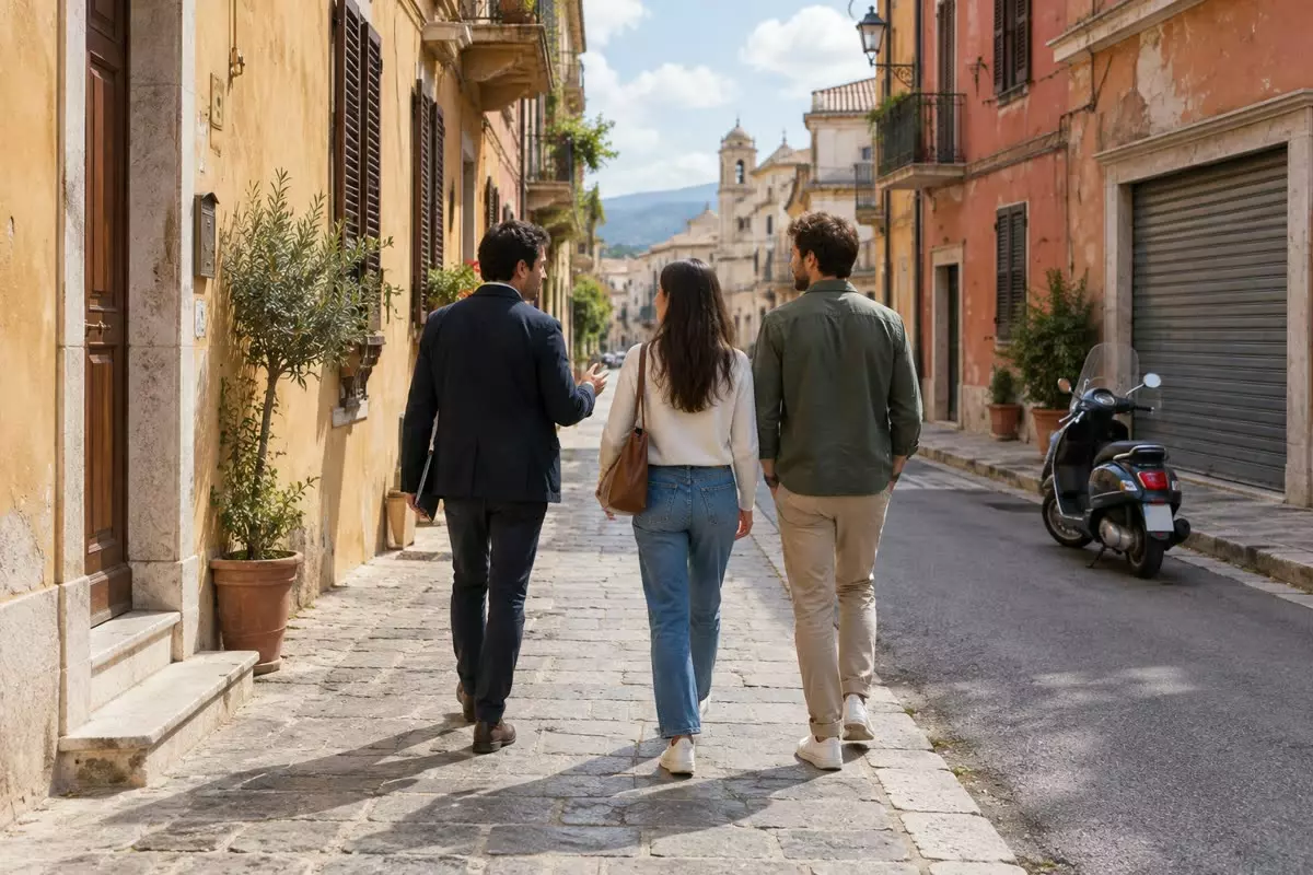 An estate agent in a dark jacket walking along an Italian pavement beside a young couple, all three seen from behind at mid-distance, ochre plaster facades, a scooter at the kerb and shutters on the windows in autumn light (illustration)