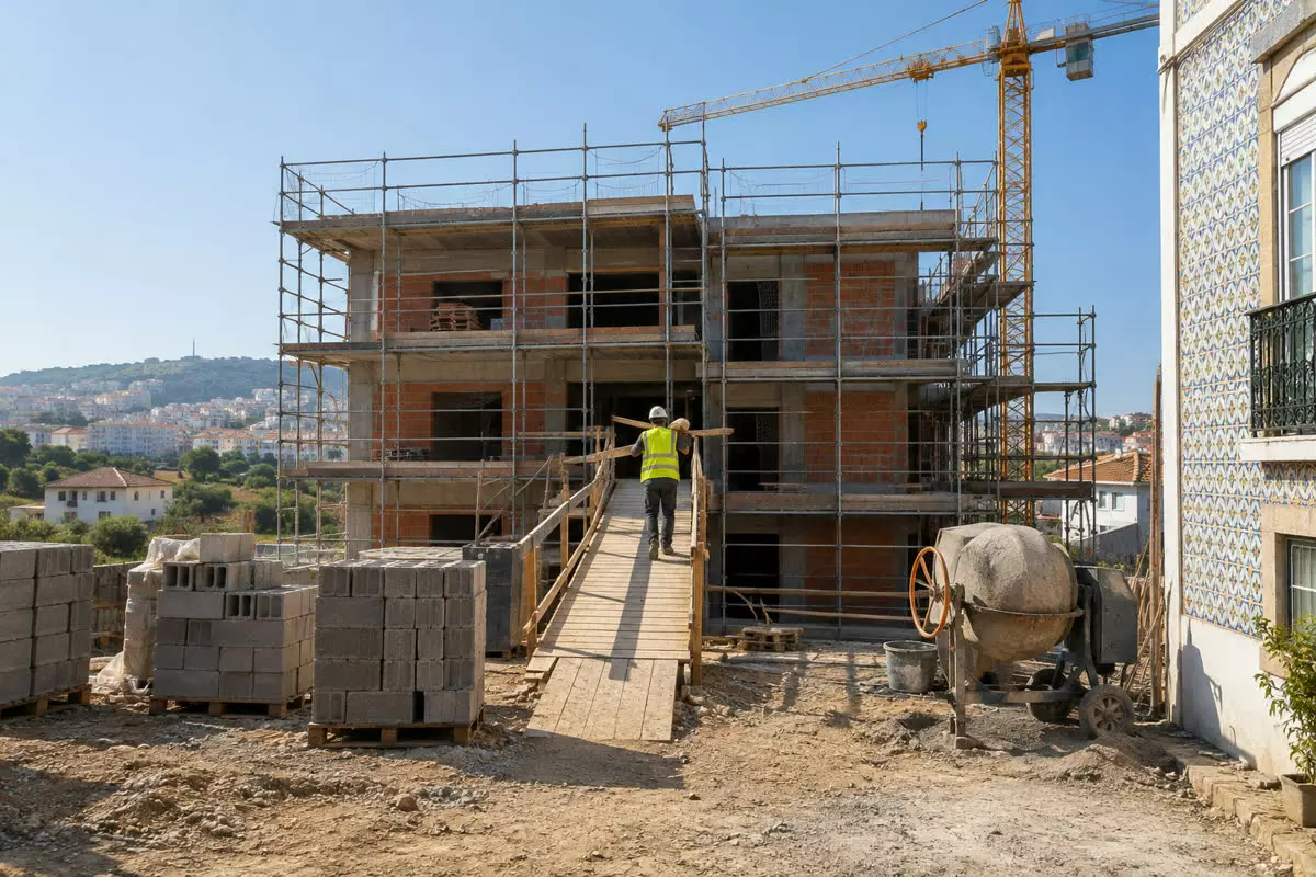 A construction site in Portugal with scaffolding on a half-finished apartment block and a worker in a high-visibility vest seen from behind at mid-distance, a tower crane against a clear autumn sky (illustration)