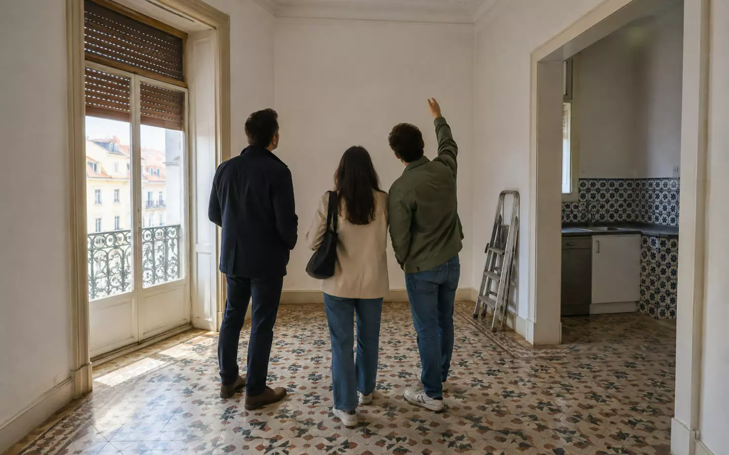 Ein Immobilienmakler in dunkler Jacke zeigt einem jungen Paar eine leere Wohnung in Lissabon; alle drei sind von hinten aus mittlerer Entfernung zu sehen; hohe Fenster mit halb heruntergelassenen Fensterläden und eine mit Azulejo-Fliesen verzierte Wand im sanften Herbstlicht (Illustration).