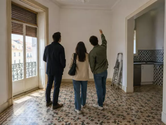 An estate agent in a dark jacket showing an empty Lisbon apartment to a young couple, all three seen from behind at mid-distance, tall windows with half-lowered shutters and an azulejo-tiled wall in soft autumn light (illustration)