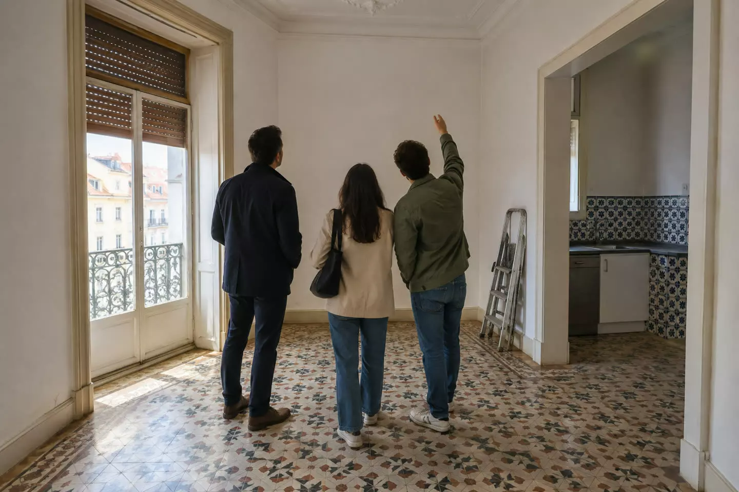 An estate agent in a dark jacket showing an empty Lisbon apartment to a young couple, all three seen from behind at mid-distance, tall windows with half-lowered shutters and an azulejo-tiled wall in soft autumn light (illustration)