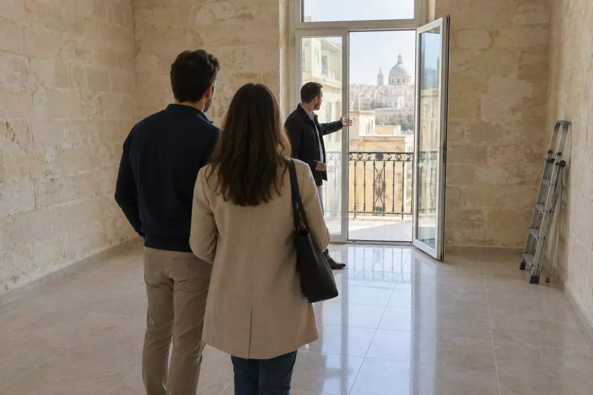 An estate agent in a dark jacket showing an empty Maltese apartment to a couple who stand with their backs to the camera looking towards a balcony, seen from behind at mid-distance, limestone walls, a tiled floor and a half-open glass door onto the balcony (illustration)