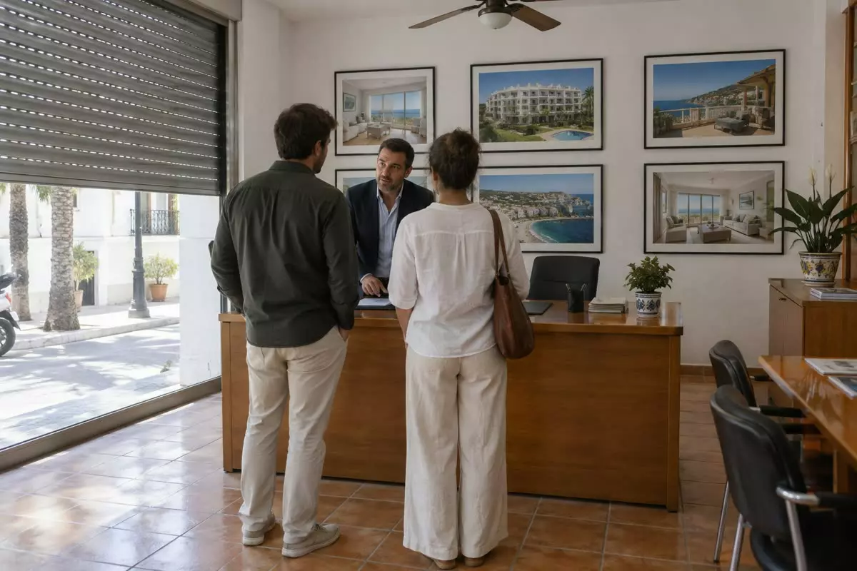 The interior of a small estate agency in Malaga with an agent in a dark jacket standing behind a counter talking to a couple seen from behind at mid-distance, framed photographs of apartments on the wall behind (illustration)