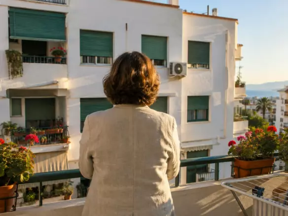 A woman standing on the balcony of an apartment in Malaga looking out over the neighbouring block, seen from behind at mid-distance, white rendered walls and green persianas in autumn light (illustration)