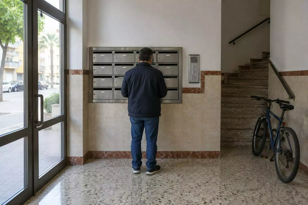 The entrance hall of an apartment block in Malaga with a row of metal mailboxes set into a tiled wall and a man in a dark jacket seen from behind at mid-distance opening one of them (illustration)