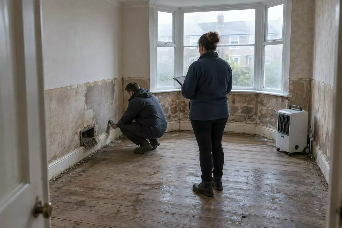 A flood-damaged ground floor of an English terraced house seen from a doorway at mid-distance, a man in a waterproof jacket crouching to hold a moisture meter against a damp skirting board while a woman with her back to the camera holds a clipboard, bare floorboards, an opened air brick and a dehumidifier in the corner (illustration)