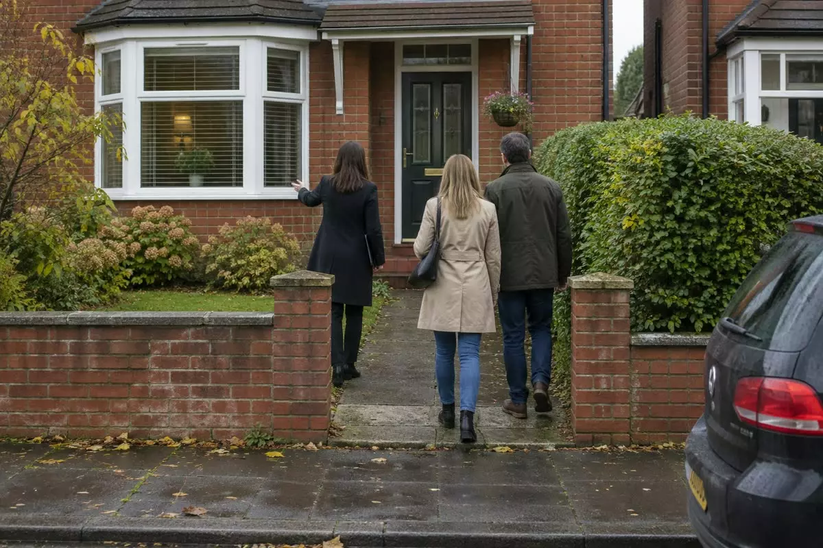 An estate agent in a dark coat walking a couple up the front path of a red-brick English semi-detached house, all three seen from behind at mid-distance, the agent gesturing towards the raised door threshold, wet pavement and a parked car at the kerb (illustration)