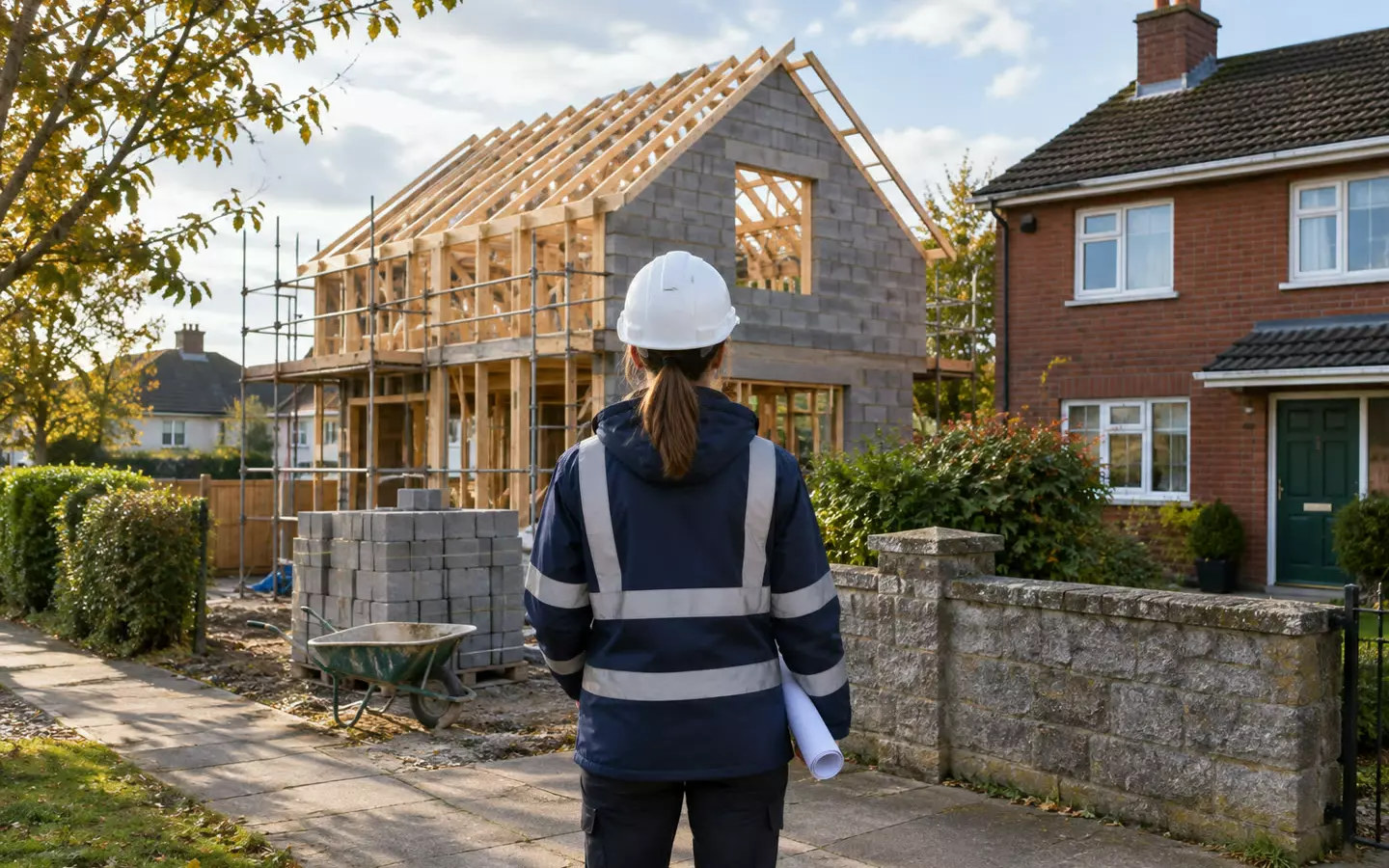 A woman in a high-visibility jacket standing with her back to the camera on a suburban Irish footpath, holding a printed site plan against a clipboard, a detached red-brick house and a half-built timber frame behind her at mid-distance, a concrete block wall and a stack of roof trusses in the foreground, soft autumn light (illustration)