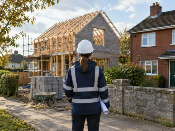 A woman in a high-visibility jacket standing with her back to the camera on a suburban Irish footpath, holding a printed site plan against a clipboard, a detached red-brick house and a half-built timber frame behind her at mid-distance, a concrete block wall and a stack of roof trusses in the foreground, soft autumn light (illustration)