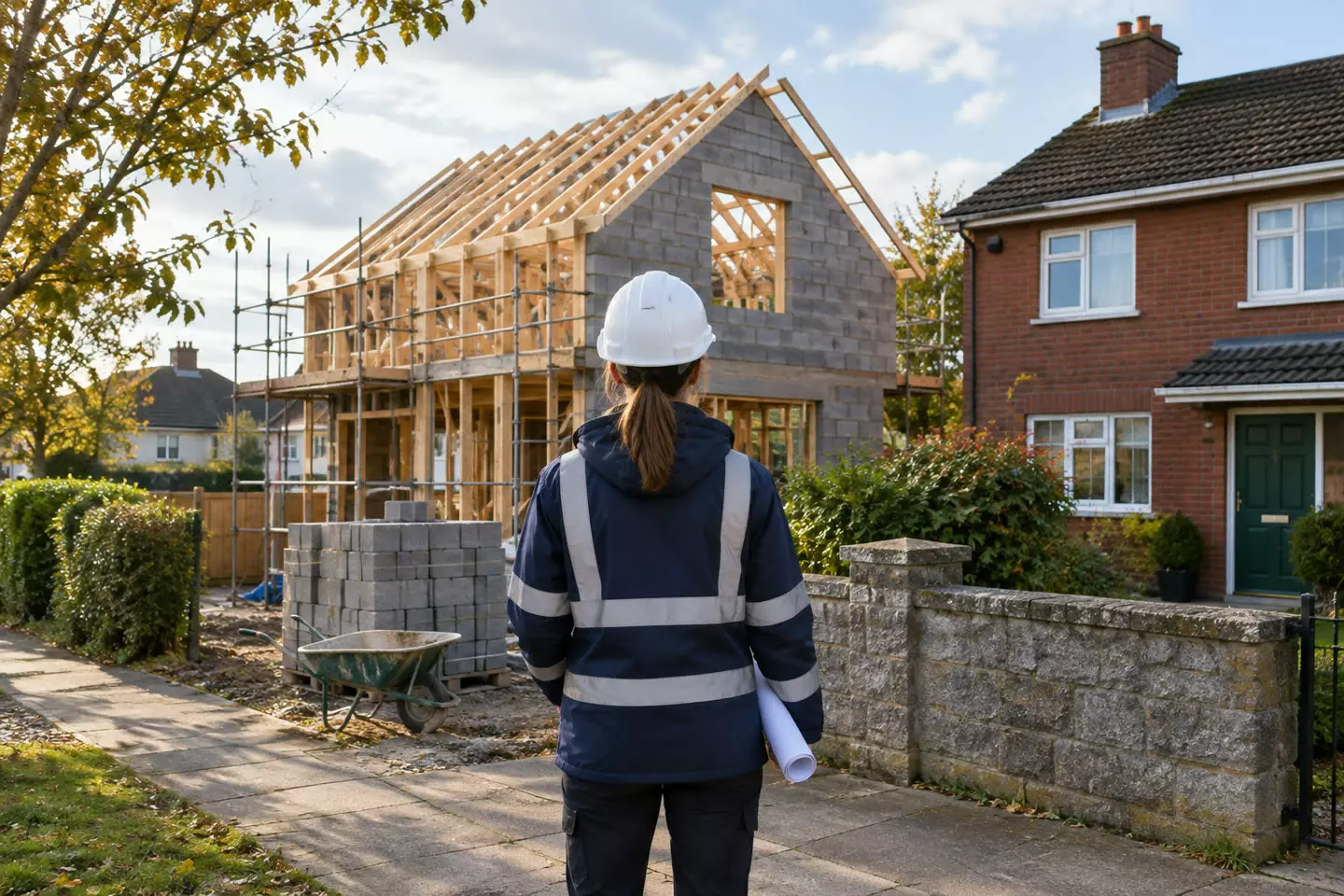 A woman in a high-visibility jacket standing with her back to the camera on a suburban Irish footpath, holding a printed site plan against a clipboard, a detached red-brick house and a half-built timber frame behind her at mid-distance, a concrete block wall and a stack of roof trusses in the foreground, soft autumn light (illustration)