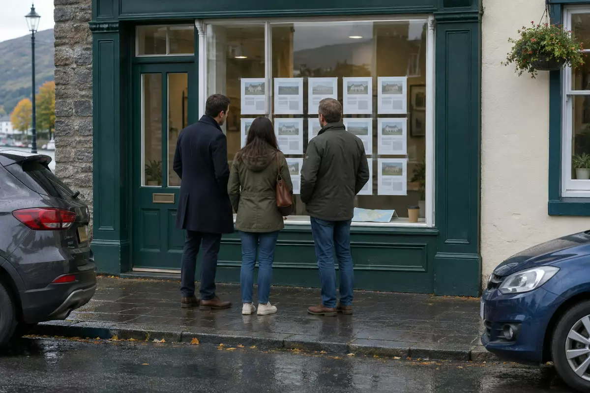 An estate agent in a dark coat standing with a couple at the window of a small Irish estate agency office, all three seen from behind at mid-distance, a printed sheet of property listings taped inside the glass with no readable text, a folded map and a coffee cup on the sill, wet pavement and parked cars outside (illustration)