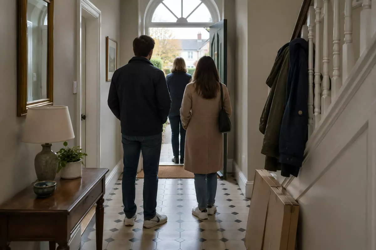 A couple standing with their backs to the camera in the hallway of an Irish semi-detached house during a viewing, a second person holding the open front door at mid-distance, coats on a banister and a stack of flat cardboard boxes on the tiled floor, pale autumn daylight through the fanlight (illustration)